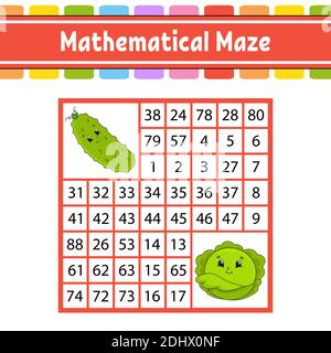 Mathematische Labyrinth. Spiel für Kinder. Anzahl Labyrinth. Bildung Entwicklung Arbeitsblatt. Aktivität Seite. Puzzle für Kinder. Zeichentrickfiguren. Rätsel für Stock Vektor