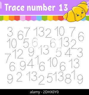 Trace-Nummer . Handschriftverfahren. Lernzahlen für Kinder. Arbeitsblatt zur Entwicklung von Schulungen. Aktivitätsseite. Spiel für Kleinkinder und Vorschulkinder. Iso Stock Vektor