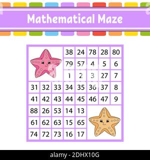 Mathematische Labyrinth. Spiel für Kinder. Anzahl Labyrinth. Bildung Entwicklung Arbeitsblatt. Aktivität Seite. Puzzle für Kinder. Zeichentrickfiguren. Rätsel für Stock Vektor