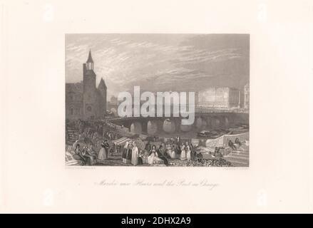 Marche aux Fleurs and the Pont-au-Change, William Radclyffe, 1780–1855, britisch, nach Joseph Mallord William Turner, 1775–1851, britisch, 1835, Radierung und Gravur Stockfoto