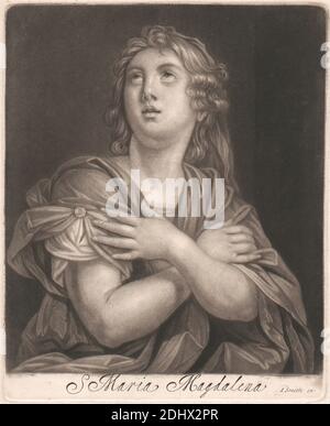 S. Maria Magdalena, Print made by unknown artist, seventeenth Century-Eighenth Century, Published by John Smith, 1652–1743, British, undated, Mezzotint auf mäßig dick, mäßig strukturiert, creme, wove Papier, Blatt: 7 1/4 × 6 inches (18.4 × 15.2 cm), Platte: 7 1/16 × 5 3/4 inches (17.9 × 14.6 cm), und Bild: 6 5/8 × 5 11/16 Zoll (16.8 × 14.4 cm), Ehrfurcht, Christentum, Kleid, Glaube, Blick, religiöses und mythologisches Subjekt, heilige, Frau Stockfoto