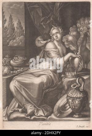 Vanitie, Print made by unknown artist, seventeenth century-Eighenth Century, after Abraham Bloemaert, 1566–1651, Dutch, Published by John Smith, 1652–1743, British, undated, Mezzotint on mäßig dick, mäßig strukturiert, creme, laid paper, Sheet: 9 1/8 × 6 9/16 inches (23.2 × 16.7 cm), Plate: 8 3/4 × 6 3/16 Zoll (22.2 × 15.7 cm) und Bild: 8 3/16 × 6 1/16 Zoll (20.8 × 15.4 cm Stockfoto