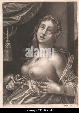 Lucretia, Print made by unknown artist, seventeenth Century, after Hans von Aachen, 1552–1615, German, Published by John Smith, 1652–1743, British, ca. 1684, Mezzotint auf Medium, mäßig strukturiert, cremefarben, Papier gelegt, Blatt: 9 1/4 × 6 7/8 Zoll (23.5 × 17.5 cm), Teller: 7 9/16 × 5 1/2 Zoll (19.2 × 14 cm), und Bild: 7 5/16 × 5 7/16 Zoll (18.6 × 13.8 cm) Stockfoto
