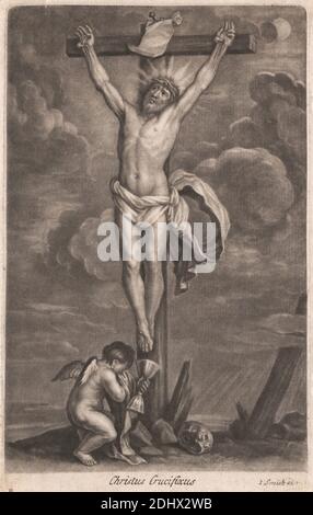 Christus Crucifixus, Print made by unknown artist, seventeenth century-Eighenth Century, after Sir Anthony Van Dyck, 1599–1641, Flämisch, aktiv in Großbritannien (1620–21; 1632–34; 1635–41), Published by John Smith, 1652–1743, britisch, undatiert, Mezzotint auf Medium, leicht strukturiert, creme, Papier, Blatt: 7 3/8 × 4 11/16 Zoll (18.7 × 11.9 cm), Platte: 7 3/16 × 4 1/2 Zoll (18.3 × 11.4 cm), und Bild: 6 7/8 × 4 7/16 Zoll (17.5 × 11.3 cm), Engel, Kelch, Christentum, Tuch, Wolken, Kreuzigung, Vergebung, Halo, Nägel, Schmerz, Leidenschaft, religiöse und mythologische Thema, Opfer, Erlösung Stockfoto
