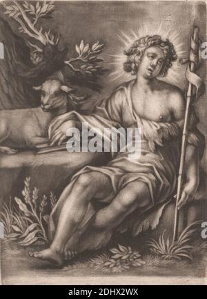 St. John with the Lamb, Print made by unknown artist, seventeenth century-Eighenth Century, Published by John Smith, 1652–1743, British, undated, Mezzotint auf Medium, leicht strukturiert, creme, Papier gelegt, Blatt: 5 3/8 × 4 inches (13.7 × 10.2 cm) und Bild: 5 1/8 × 3 7/8 Zoll (13 × 9.8 cm), Buch, Christentum, Kreuz (Motiv), Gras, Halo, Lamm, zuhören, Mensch, Märtyrer, Schilf, religiöses und mythologisches Thema, heiliger, Baum, Unkraut Stockfoto