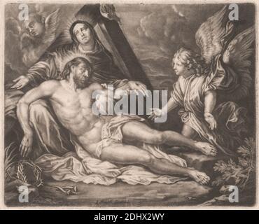 Pieta, Print Made by John Smith, 1652–1743, British, after Lucas Vorsterman, (Engraving), 1595–1675, Flämisch, after Sir Anthony Van Dyck, 1599–1641, Flämisch, aktiv in Großbritannien (1620–21; 1632–34; 1635–41), Published by John Smith, 1652–1743, British, between 1681 and 1688, Mezzotint auf Medium, leicht strukturiert, creme, gebeiztes Papier, Blatt: 5 11/16 × 6 15/16 Zoll (14.4 × 17.6 cm) und Platte: 5 7/16 × 6 11/16 Zoll (13.8 × 17 cm), Körper, Cherub, Christentum, Tuch, Wolken, Kreuz (Objekt), Dornenkrone, Tod, Halos, Trauer, Nägel, Schmerz, Leidenschaft, Gebet, religiöse und mythologische Thema Stockfoto