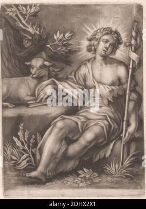 St. John with the Lamb, Print made by unknown artist, seventeenth century-18thenth century, after Abraham Bloemaert, 1566–1651, Niederländisch, Published by John Smith, 1652–1743, britisch, undatiert, Mezzotint auf Medium, leicht strukturiert, creme, Papier gelegt, Blatt: 5 9/16 × 4 1/8 inches (14.1 × 10.5 cm), Platte: 5 5/16 × 3 15/16 Zoll (13.5 × 10 cm), und Bild: 5 1/8 × 3 7/8 Zoll (13 × 9.8 cm), Buch, Christentum, Kreuz (Motiv), Gras, Halo, Lamm, zuhören, Mann, Märtyrer, Schilf, religiöses und mythologisches Thema, heiliger, Baum, Unkraut Stockfoto