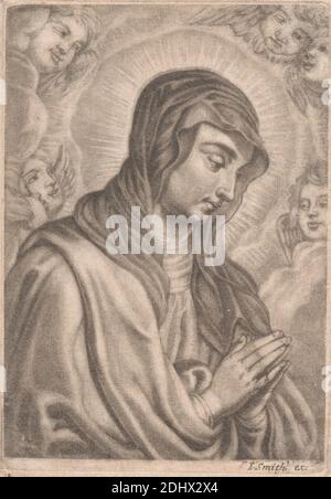 Virgin, Print made by unknown artist, seventeenth Century-Eighenth Century, Published by John Smith, 1652–1743, British, undated, Mezzotint auf Medium, leicht strukturiert, creme, Papier gelegt, Blatt: 4 13/16 × 3 3/8 inches (12.2 × 8.6 cm) und Bild: 4 1/2 × 3 3/16 Zoll (11.4 × 8.1 cm), Cherubim, Christentum, Wolken, Glaube, Heiligenschein, Beten, religiöses und mythologisches Thema, Schal, Lächeln, Schleier, Jungfrau, beobachten, Flügel Stockfoto