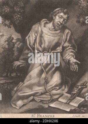 St. Francis, Print made by unknown artist, seventeenth Century, after Sir Peter Paul Rubens, 1577–1640, Flämisch, Published by John Smith, 1652–1743, British, between 1681 and 1688, Mezzotint on Medium, slightly textured, Cream, laid paper, Sheet: 6 1/8 × 4 11/16 inches (15.6 × 11.9 cm) and Image: 5 13/16 × 4 9/16 Zoll (14.8 × 11.6 cm), Buch, Christentum, Kruzifix, Wald, kniend, zeigend, religiöses und mythologisches Thema, Seil, Sacktuch, heiliger, Tonsur, Bäume Stockfoto