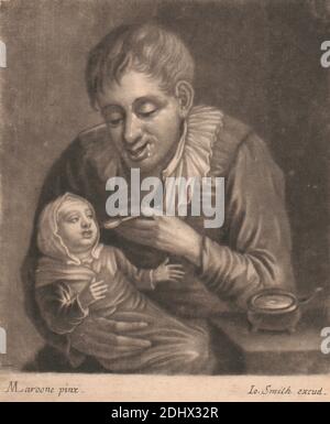 Man Feeding Child, Druck von John Smith, 1652–1743, britisch, nach Marcellus Laroon the Younger, 1679–1772, britisch, undatiert, Mezzotint auf Medium, mäßig strukturiert, cremefarben, Papier gelegt, Blatt: 5 11/16 × 4 11/16 Zoll (14.4 × 11.9 cm) und Bild: 5 1/16 × 4 9/16 Zoll (12.9 × 11.6 cm) Stockfoto