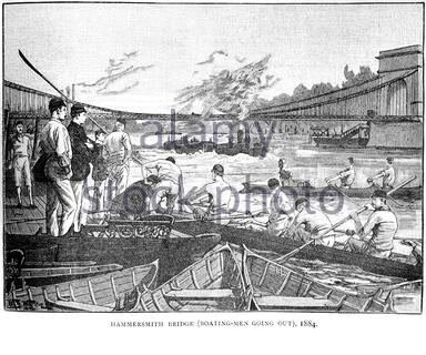 Bootstouren unter der Hammersmith Bridge, London, Vintage Illustration von 1884 Stockfoto