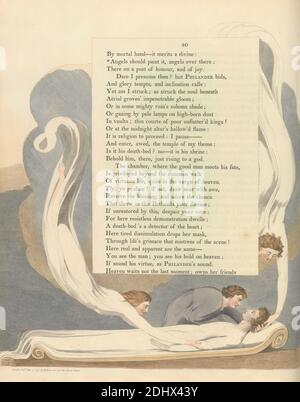 Young's Night Thoughts, Seite 40, 'Angels should paint it, Angels ever there', Druck von William Blake, 1757–1827, britisch, ca. 1797, Radierung und Strichgravur mit Aquarell auf mäßig dickem, leicht strukturiertem, cremefarbenen Gewebspapier, Spine: 16 3/4 Zoll (42.5 cm), Blatt: 16 1/2 x 12 7/8 Zoll (41.9 x 32.7 cm) und Teller: 16 x 12 7/8 Zoll (40.6 x 32.7 cm), Engel, Bett, literarisches Thema, Roben, Text Stockfoto