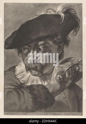 Portrait of a man with a Sword, Print made by Johann Lorenz Haid, 1702–1750, deutsch, after Giovanni Battista Piazzetta, 1682–1754, italienisch, Published by Johann Christian Leopold, 1699–1755, deutsch, undatiert, Mezzotint auf mäßig dickem, leicht strukturiertem, cremefarbenen Papier, Blatt: 21 x 14 11/16 cm (37.3 x 53.3 Zoll), Platte: 15 1/8 x 10 9/16 Zoll (38.4 x 26.8 cm), und Bild: 14 11/16 x 10 9/16 Zoll (37.3 x 26.8 cm), Manschette, Locken, Federn, Blick, Genre Thema, Gestik, Hut, Griff, Mann, Schnurrbart, Pirat, Ruff, Soldat, Schwert Stockfoto