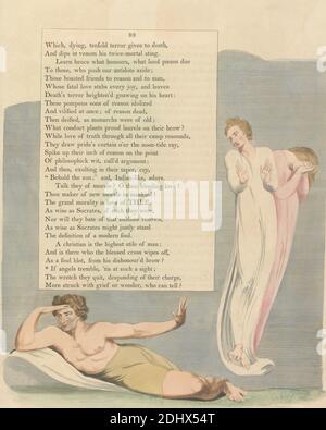 Young's Night Thoughts, Seite 93, 'If Angels Tremble, 'tis at such a sight', Druck von William Blake, 1757–1827, britisch, ca. 1797, Radierung und Strichgravur mit Aquarell auf mäßig dickem, leicht strukturiertem, cremefarbenem Papier, Spine: 16 3/4 Zoll (42.5 cm), Blatt: 16 1/2 x 12 7/8 Zoll (41.9 x 32.7 cm) und Platte: 15 3/8 x 12 3/4 Zoll (39.1 x 32.4 cm), Engel, literarisches Thema, Männer, Text Stockfoto