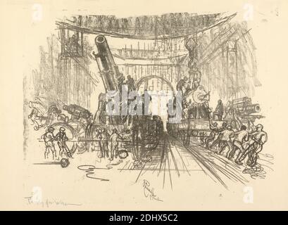 The English war Series: W. 453. Ready for war, Joseph Pennell, 1860–1926, Amerikaner, 1916, Lithographie, Blatt: 15 3/4 x 30 3/4 Zoll (40 x 78.1 cm), Fabriken, historisches Subjekt, Haubitzen, Industrie, Munition, Panzer (Militärfahrzeuge), Weltkrieg, 1914-1918 Stockfoto