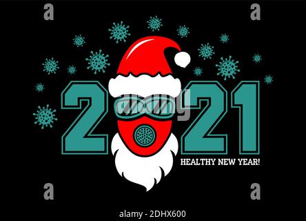 2021 gesundes Neujahrskonzept Poster oder Logo mit Weihnachtsmann Hut und Schutzmaske und Schutzbrille. Stoppen Sie Grippe Coronavirus. Vektor auf schwarzem Hintergrund Stock Vektor