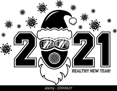 2021 gesundes Neujahrskonzept Poster oder Logo mit Weihnachtsmann Hut und Schutzmaske und Schutzbrille. Stoppen Sie Grippe Coronavirus. Vektor auf transparentem Backgrou Stock Vektor