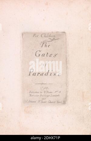 Für Kinder. The Gates of Paradise, Tafel 2, Titelseite, Druck von William Blake, 1757–1827, Britisch, 1793, Radierung und Strichgravur auf mäßig dickem, leicht strukturiertem, cremefarbenem Papier, Spine: 1/2 cm (5 14 Zoll), Blatt: 3/8 x 1/2 cm (5 13.7 x 4 11.4 Zoll) und Tafel: 2 3/4 x 1 5/8 Zoll (7 x 4.1 cm), Engel, historisches Motiv, Text Stockfoto