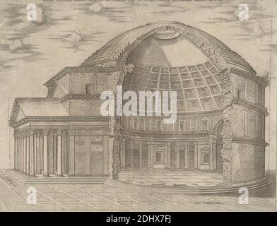 Pantheii Fidelissime Dimensi Exterior et Interior, Print made by unknown artist, sechzehnten Jahrhundert, Published by Giovanni Orlandi, Active 1590–1640, Italian, Published by Antonio Lafreri, 1512–1577, French, 1553, Radierung und Liniengravur auf dünnem, leicht strukturiertem, cremefarbenen Papier, Blatt: 14 3/8 × 18 3/4 Zoll (36.5 × 47.6 cm), Architekturmotiv, Kirche, Stadtbild, Querschnitt, oculus, Tempel, Europa, Italien, Latium, Pantheon (Rom), Rom Stockfoto