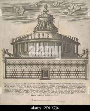 Il Castello che al Presente si Dice Sant'Angelo Anticamente Fu il Sepolcro de Adriano, Drucken von unbekanntem Künstler, sechzehnten Jahrhundert, Published by Giovanni Orlandi, Active 1590–1640, Italian, Published by Claude Duchet, did ca. 1585, Französisch, Published by Antonio Lafreri, 1512–1577, Französisch, 1583, Strichgravur auf Medium, leicht strukturiert, cremefarbenes Papier, Blatt: 17 3/8 × 15 Zoll (44.1 × 38.1 cm), Platte: 17 × 14 5/8 Zoll (43.2 × 37.1 cm), und Bild: 12 7/8 × 14 3/8 Zoll (32.7 × 36.5 cm) Stockfoto