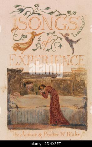 Songs of Innocence and of Experience, Platte 33, Experience Title Page (Bentley 29), Druck von William Blake, 1757–1827, British, 1794, farblich bedruckte Reliefradierung mit Feder und Tinte und Aquarell auf mäßig dickem, leicht strukturiertem, cremefarbenen Wove-Papier, Blatt: 7 1/4 x 4 3/4 Zoll (18.4 x 12.1 cm) und Teller: 4 7/8 x 2 7/8 Zoll (12.4 x 7.3 cm), Bart, Bett, historisches Thema, Männer, Trauer, Text, Frauen Stockfoto