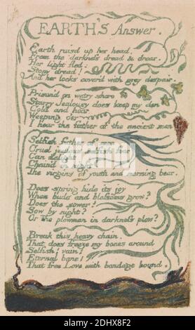 Songs of Innocence and of Experience, Platte 35, 'Earth's Answer' (Bentley 31), Druck von William Blake, 1757–1827, British, 1794, Farbdruckrelief-Radierung mit Aquarell auf mäßig dickem, leicht strukturiertem, cremefarbenem Papier, Blatt: 1/4 x 3/4 cm (7 18.4 x 4 12.1 Zoll) und Platte: 4 3/4 x 2 7/8 Zoll (12.1 x 7.3 cm), Äste, Frucht, historisches Thema, Blatt, Schlange, Schlange, Text, Vegetation, Reben Stockfoto