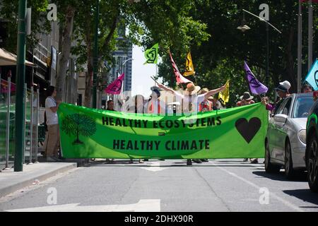 Melbourne, Victoria. 12 Dezember 2020. Extinction Rebellion Rally. Demonstranten marschieren und schwenken Fahnen aus Protest gegen die schlechte Klimareaktion der australischen Regierung. Quelle: Jay Kogler/Alamy Live News Stockfoto