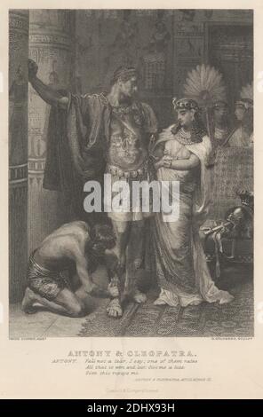 Antony and Cleopatra,' Act III, Scene XI, Georg Goldberg, 1830–1894, deutsch, nach Frank Bernard Dicksee, 1853–1928, britisch, Published by Cassell & Co., 1817–1901, britisch, undatiert, Strichgravur und Radierung auf mäßig dickem, leicht strukturiertem, cremefarbenen Wove-Papier, Blatt: 11 1/8 x 8 1/16 Zoll (28.2 x 20.5 cm), Platte: 10 1/4 x 7 13/16 Zoll (26.1 x 19.9 cm), und Bild: 7 9/16 x 5 11/16 Zoll (19.2 x 14.4 cm), Antony und Kleopatra, Akt III, Szene XI, Rüstung, Säulen, Kostüm, Fans, Federn, Helm, Juwelen, literarische Thema, Liebe, Liebhaber, Männer, Palast, pharao, Säulen, Spiel, Königin (Person Stockfoto