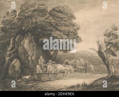 Bewaldete Landschaft mit zwei Country Carts und Figuren, Thomas Gainsborough RA, 1727–1788, British, c. 1779-1780, Weiche Radierung auf blauem Papier, in grauer Tinte, auf Halterung aus dem 18. Jahrhundert verlegt, erster Zustand, Blatt: 11 7/8 x 15 Zoll (30.2 x 38,1 cm), Felsbrocken, Karren, Hund (Tier), Genremotiv, Landschaft, Maultiere (Säugetiere Stockfoto