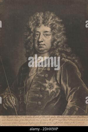 Charles Sackville, 6. Earl of Dorset, 1. Earl of Middlesex, John Simon, 1675–1755, französisch, nach Sir Godfrey Kneller, 1646–1723, deutsch, in Großbritannien tätig (ab 1676), undatiert, Mezzotint auf Medium, leicht strukturiert, beige, Papier gelegt, Blatt: 14 1/16 × 10 Zoll (35.7 × 25.4 cm) und Bild: 12 13/16 × 10 Zoll (32.5 × 25.4 cm Stockfoto