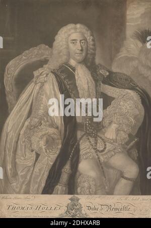 Thomas Pelham-Holles, 1. Duke of Newcastle upon Tyne und 1. Duke of Newcastle unter Lyme, James McArdell, ca. 1729–1765, irisch, nach William Hoare RA, 1706/7–1792/99, britisch, undatiert, Mezzotint auf Medium, leicht strukturiert, beige, Papier gelegt, Blatt: 15 3/8 × 10 13/16 Zoll (39.1 × 27.5 cm) und Bild: 13 5/8 × 10 3/4 Zoll (34.6 × 27.3 cm) Stockfoto