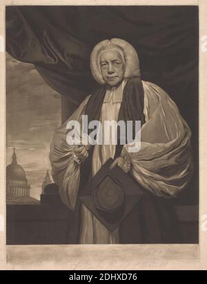 The Right Reverent Thomas Newton, D.D., James Watson, 1740–1790, britisch, nach Sir Joshua Reynolds RA, 1723–1792, britisch, 1776, Mezzotint auf mäßig dick, mäßig strukturiert, beige, Papier gelegt, Blatt: 18 5/16 × 14 1/16 Zoll (46.5 × 35.7 cm) und Bild: 16 × 12 15/16 Zoll (40.6 × 32.9 cm), Vorhang, Kuppel, Mensch, Mortarboard, Porträt, religiöses und mythologisches Thema, tippet, Perücke, Fenster Stockfoto
