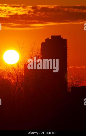 Sonnenuntergang hinter Bäumen und hohen Gebäuden in der Ferne, Ottawa, Ontario, Kanada Stockfoto