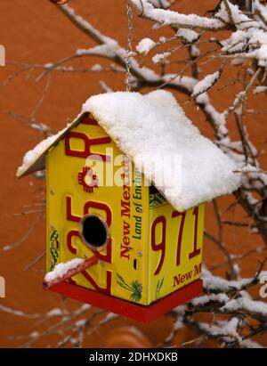 Vogelhäuser aus recycelten Kfz-Kennzeichen hängen in einem kleinen Baum in Santa Fe, New Mexico. Stockfoto