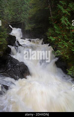 WA18716-00...WASHINGTON - EIN Hochwasser Deception Creek, der über Upper Deception Falls entlang des Highway 2 verströmt. Stockfoto