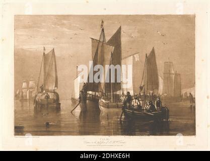 Calm, geätzt und graviert von Joseph Mallord William Turner, 1775–1851, britisch, nach Joseph Mallord William Turner, 1775–1851, britisch, 1812, Radierung und Mezzotint, gedruckt in brauner Tinte Erstveröffentlichung Zustand auf mittlerem, leicht strukturiertem, cremefarbenem Wove-Papier, Blatt: 11 1/8 × 16 Zoll (28.3 × 40.6 cm), Platte: 8 1/2 × 12 Zoll (21.6 × 30.5 cm) und Bild: 7 × 10 1/2 Zoll (17.8 × 26.7 cm Stockfoto