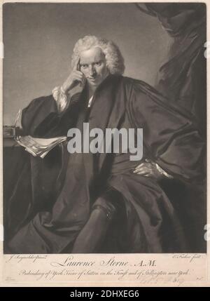 Laurence Sterne, A.M., Edward Fisher, 1722–1785, britisch, nach Sir Joshua Reynolds RA, 1723–1792, britisch, 1760, Mezzotint auf moderatley dickem, leicht strukturiertem beigefarbenem Papier, Blatt: 15 5/8 x 11 3/4 cm (29.9 x 39.7 Zoll), Platte: 14 15/16 x 10 13/16 Zoll (38 x 27.5 cm) und Bild: 13 5/16 x 10 7/8 Zoll (33.8 x 27.6 cm), Autor, Umhang, Locken, Schreibtisch, Draperie, Strumpfband, Blick, Gestik, Bein, Mantel, Papiere, Dichter, Porträt, Posen, Federkellen, Robe, sitzend, Ärmel, lächelnd, Sterne, Laurence (1713–1768), Schriftsteller und Pfarrer der Church of England, Pfarrer, Perücke Stockfoto