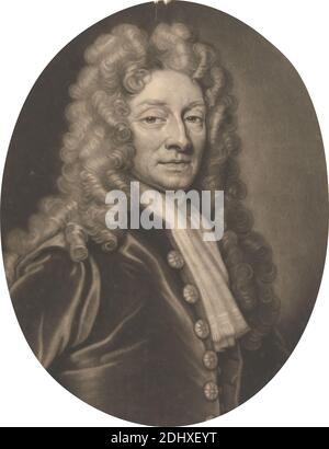 Sir Christopher Wren, John Smith, 1652–1743, britisch, nach Sir Godfrey Kneller, 1646–1723, deutsch, in Großbritannien tätig (ab 1676), undatiert, Mezzotint auf mäßig dick, leicht strukturiert, beige, gestricktes Papier, Blatt: 10 1/16 × 7 3/4 Zoll (25.6 × 19.7 cm Stockfoto