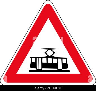 Illustration des Dreieckswarnsignals der Überquerung mit einer Straßenbahn Linie Stock Vektor