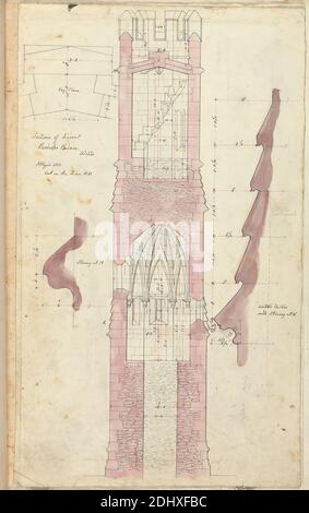 Bishop's Palace, Wells, Somerset: Section of Turret, Augustus Welby Northmore Pugin, 1812–1852, britisch, Studio of Augustus Charles Pugin, 1762–1832, französisch, 1832, Stift und schwarze Tinte, und lila Waschung mit Pinsel und Stift auf mittlerem, glattem, cremefarbenem Wove-Papier aufgetragen, Blatt: 15 1/8 x 9 Zoll (38.4 x 22.9 cm), architektonisches Thema, Palast, Abschnitte, Treppen, Stein, Türmchen (Türme), Wassertische, Brunnen (Container-Komponente), Brunnen Stockfoto