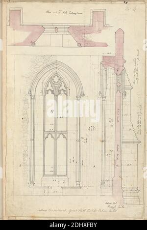 Bishop's Palace, Wells, Somerset: Elevation, Plan and Section of Window in the Great Hall, unbekannter Künstler, Atelier von Augustus Charles Pugin, 1762–1832, französisch, ehemals Augustus Welby Northmore Pugin, 1812–1852, britisch, undatiert, Feder und schwarze und violette Tinte mit violettem Wasch und Graphit auf mittlerem, glattem, cremefarbenem Papier, Blatt: 14 15/16 x 9 11/16 Zoll (37.9 x 24.6 cm), architektonisches Thema, große Hallen, Interieur, Palast, Pläne (Zeichnungen), Abschnitte, Türme (Türme), Wassertische, Brunnen Stockfoto