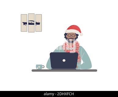Afro-amerikanischer Mann Tutor im roten Hut des Weihnachtsmanns Arbeit auf Laptop.Remote Work, Entfernung E-Learning oder Online-Training in Weihnachtsstimmung Stock Vektor