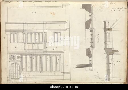 Tribunal House, Glastonbury, Somerset: Wall Plan and Front Elevation, Augustus Welby Northmore Pugin, 1812–1852, britisch, Atelier von Augustus Charles Pugin, 1762–1832, französisch, 1832, Stift und schwarze und violette Tinte mit Graphit und grauem Waschmittel auf mittlerem, glattem, cremefarbenem Wove-Papier, Blatt: 10 5/8 x 15 5/8 Zoll (27 x 39.7 cm), architektonisches Motiv, Gotik (Mittelalter), Pläne (Zeichnungen), Abschnitte, Fenster, Glastonbury Stockfoto