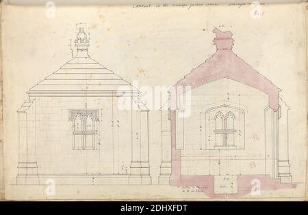 Bishop's Palace, Wells, Somerset: Section and Elevation of the Conduit in the Garden, Augustus Welby Northmore Pugin, 1812–1852, britisch, Atelier von Augustus Charles Pugin, 1762–1832, französisch, 1832, Feder und schwarze und violette Tusche mit violettem Wasch und Graphit auf mittlerem, leicht strukturiertem, cremefarbenem Papier, Blatt: 10 3/4 x 15 3/4 Zoll (27.3 x 40 cm), architektonisches Motiv, Kabelkanäle, Erhebungen (Zeichnungen), Garten, Gotik (Mittelalter), Abschnitte, Fenster, Brunnen Stockfoto