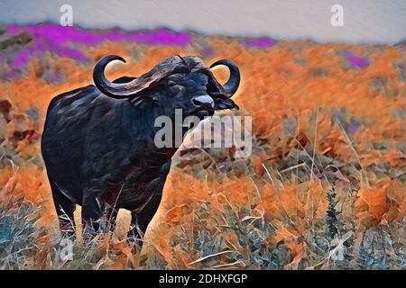 Afrika, Kenia, Serengeti, Maasai Mara. Einsames männliches afrikanisches Büffel alias Cape Büffel (WILD: Syncerus Caffer) Computer verbessert. Stockfoto