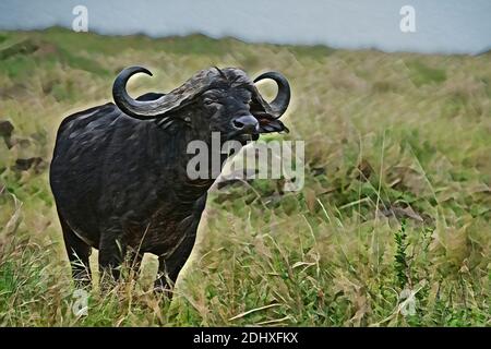 Afrika, Kenia, Serengeti, Maasai Mara. Einsames männliches afrikanisches Büffel alias Cape Büffel (WILD: Syncerus Caffer) Computer verbessert. Stockfoto