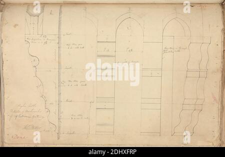 Raglan Castle, Monmouthshire, Wales: Details of Machicoulis of Entrance Gateway, unknown artist, (TL Walker), Studio of Augustus Charles Pugin, 1762–1832, französisch, vormals Augustus Welby Northmore Pugin, 1812–1852, britisch, 1831, Graphit auf mäßig dickem, leicht strukturiertem, cremefarbenen Wove-Papier, Blatt: 10 1/2 x 14 7/8 Zoll (26.7 x 37.8 cm), architektonisches Motiv, Burg, Tore, Gotik (Mittelalter), Machikolationen, Abschnitte, Monmouthshire, Raglan Castle Stockfoto