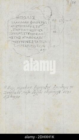 Antike Inschriften in griechischem Alphabet, Sir Robert Smirke der Jüngere, 1781–1867, britisch, 1802-1804, Graphit auf Medium, mäßig strukturiert, gebläutes Weiß, Papier, Blatt: 7 3/16 × 4 3/8 Zoll (18.3 × 11.1 cm Stockfoto