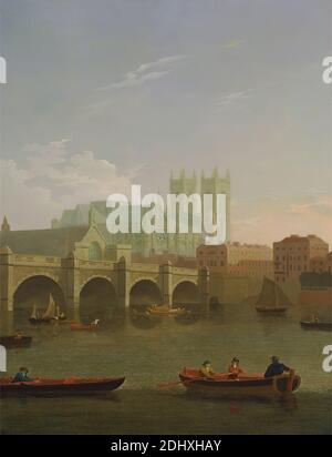 Westminster Abbey and Bridge, Joseph Farington, 1747–1821, British, 1794, Öl auf Leinwand, Stütze (PTG): 36 3/8 x 28 Zoll (92.4 x 71.1 cm), Abtei, Boote, Brücke (gebaut), Gebäude, Kirchen, Stadtbild, Menschen, Fluss, Ruderboote, Segelboote, City of Westminster, England, Europa, Greater London, London, Themse, Großbritannien, Westminster, Westminster Abbey, Westminster Bridge Stockfoto