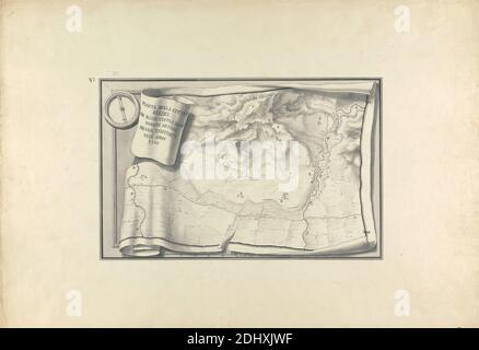 Plan der Ruinen von Sardis mit Überresten antiker Gebäude, die noch im Jahre 1750 vorhanden sind, Giovanni Battista Borra, 1713–1770, italienisch, ca. 1750, schwarze Tinte und graue Wäsche über Graphit auf mäßig dickem, mäßig strukturiertem, beigefarbenem Papier, Blatt: 15 x 21 1/4 Zoll (38.1 x 54 cm) und Bild: 8 x 12 7/16 Zoll (20.3 x 31.6 cm), Akropolis, architektonisches Motiv, Gebäude, kartographisches Material, Festungen, Gymnasium, Lydian, Karte, Seekompass, Fluss, Ruinen, Maßstab (Regel), Schriftrolle (Motiv), Lageplan, Stadion, Tempel, Theater, Ege kiyilari, Manisa Ili, Pactolus, Sardis, Tempel der Artemis, Türkei Stockfoto